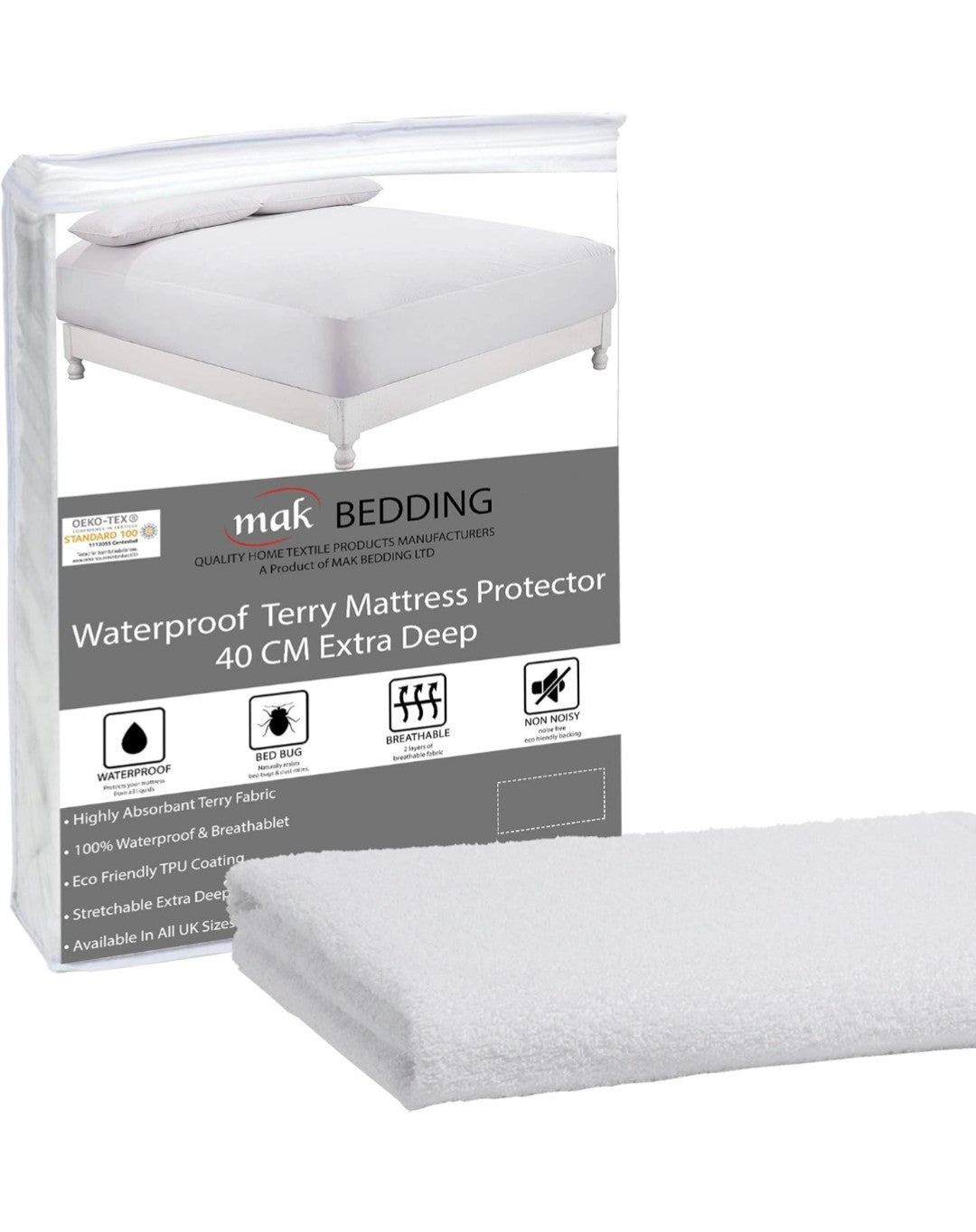 mak Small Double Waterproof Mattress Protector Terry Towel Mattress Topper - 40cm Extra Deep Box Stretch Skirt - Machine Washable Mattress Cover (Small Double