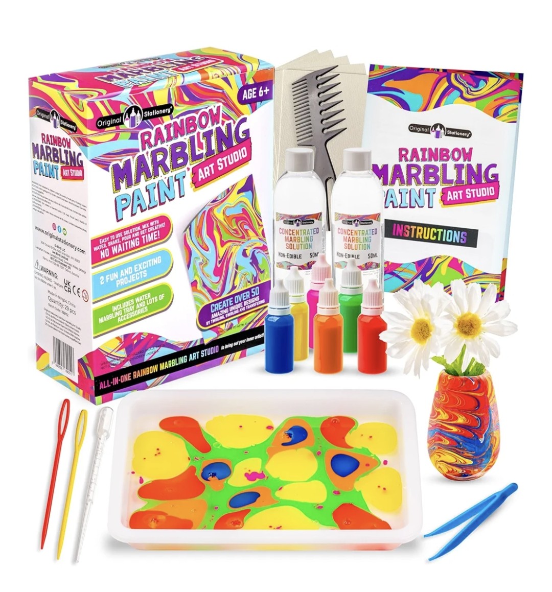 Original Stationery Rainbow Marbling Paint Art Kit, Art Set for Kids 6-12 to Make Marbling Ink Art, Great Craft Kits for Kids and Fun Kids Arts and Crafts Sets for Girls