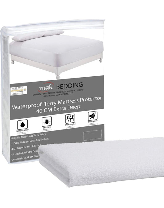 mak Small Double Waterproof Mattress Protector Terry Towel Mattress Topper - 40cm Extra Deep Box Stretch Skirt - Machine Washable Mattress Cover (Small Double