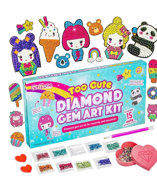 GirlZone Diamond Gem Art Kit, All You Need in One Kids Crafts Set to Make Diamond Art for Kids, Sparkle Gem Stickers Kit, and Diamond Painting for Kids, Great Gift Idea and Toys for 7 Year Olds Girls