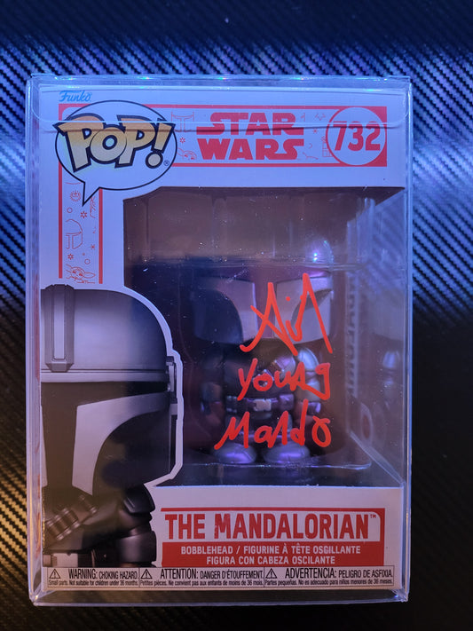 Funko Pop! Starwars the Mandalorian No 732 the Mandalorian signed by Aidan Bertola with character name and swau coa authenticity