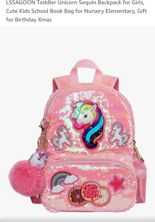LSSAGOON Toddler Unicorn Sequin Backpack for Girls, Cute Kids School Book Bag for Nursery Elementary, Gift for Birthday Xmas