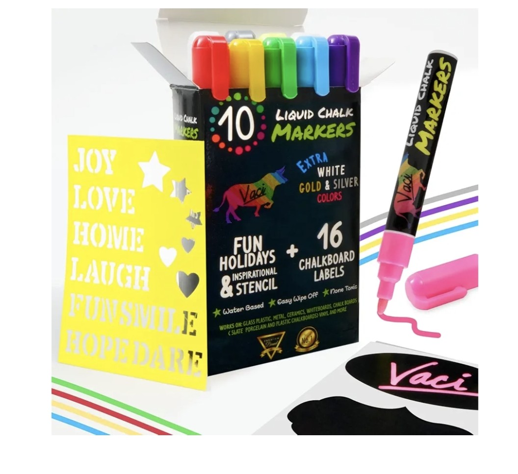 Vaci Liquid Chalk Markers includes 10 multicolored pens with extra white, gold, and silver colors, along with 16 chalkboard labels