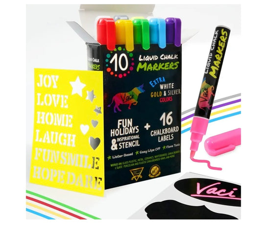 Vaci Liquid Chalk Markers includes 10 multicolored pens with extra white, gold, and silver colors, along with 16 chalkboard labels